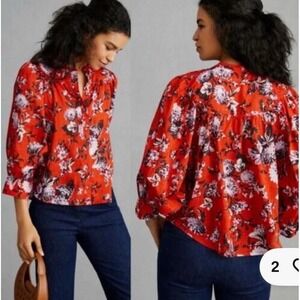 Maeve by Anthropologie Red Floral Button Down Balloon Boho Hippie Boxy Airy  XXS